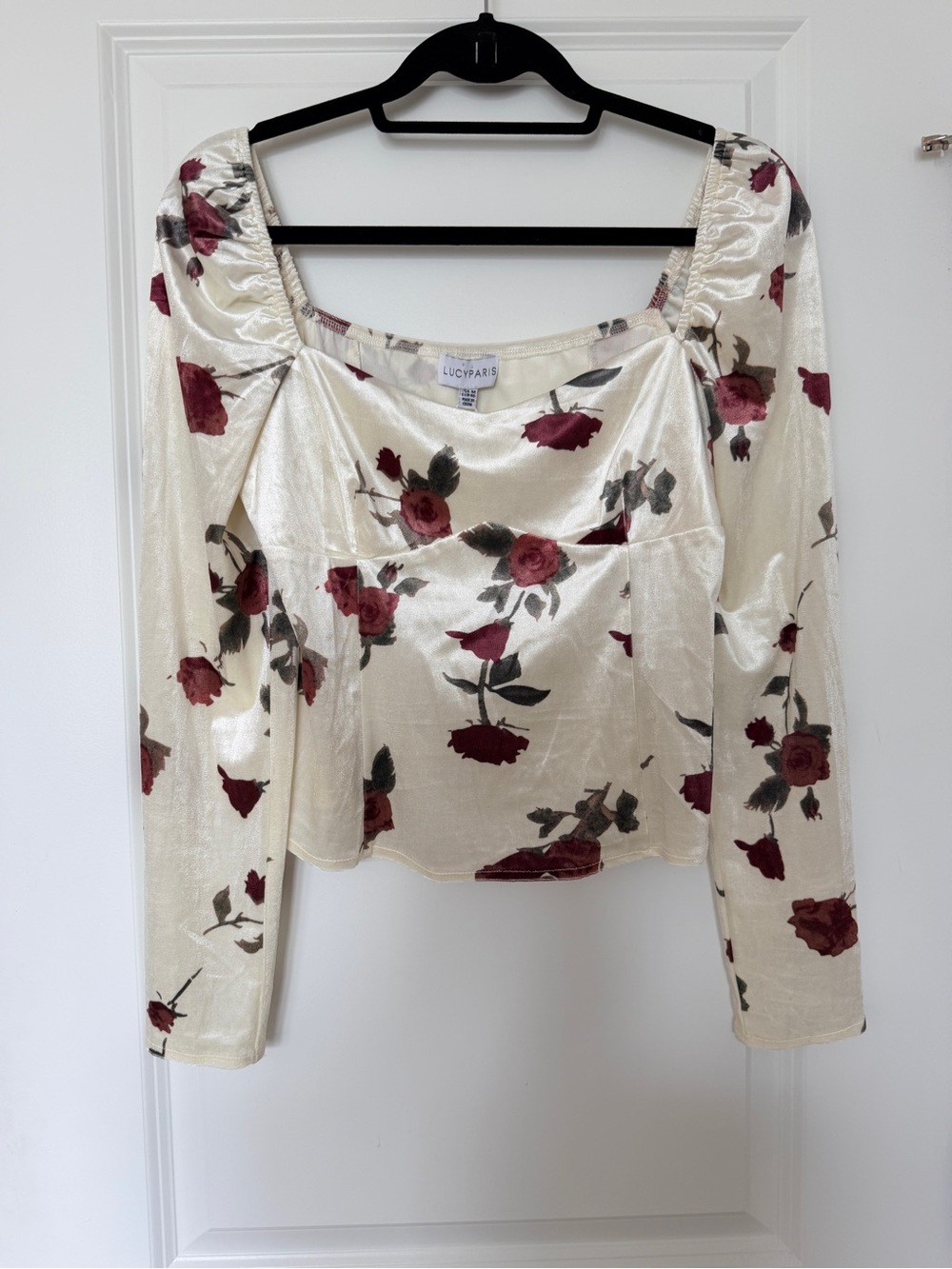Lucy Paris/Medium Floral Square-Neck Puff Sleeve Top White/Rose - Picture 2 of 4